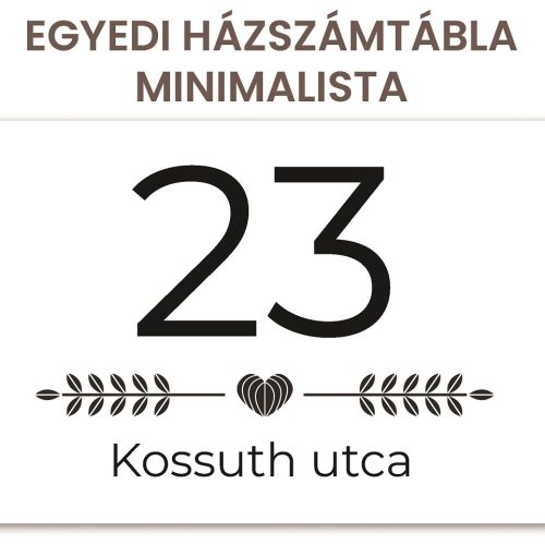 Minimalista fekete-fehér alumínium házszámtábla egyedi házszámmal és utcanévvel